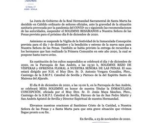 Comunicado sobre la festividad de la Inmaculada Concepción