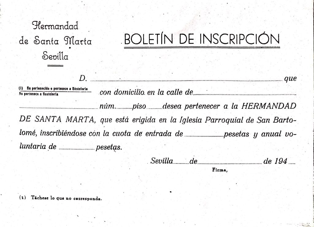 BOLETIN INSCRIPCION HDAD SANTA MARTA 1948